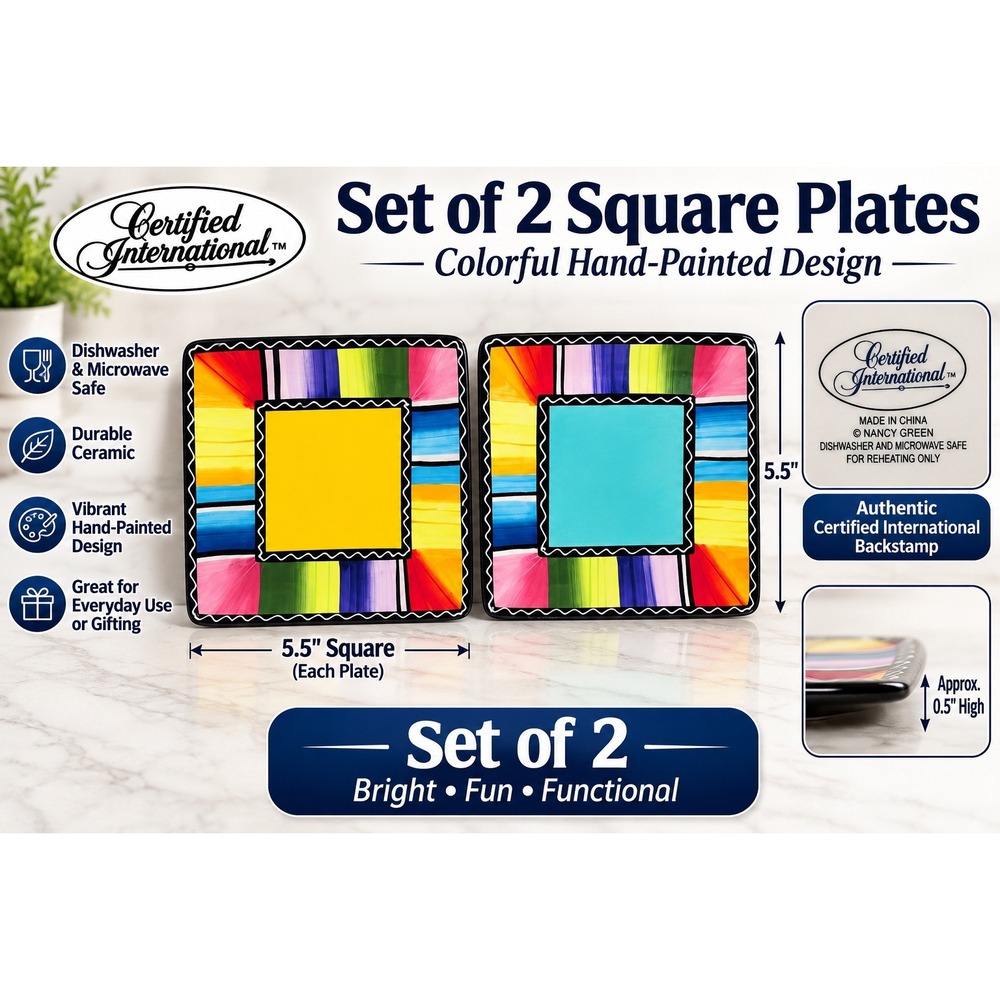 Certified International Nancy Green Square Plates Set of 2 Multi-Color Striped